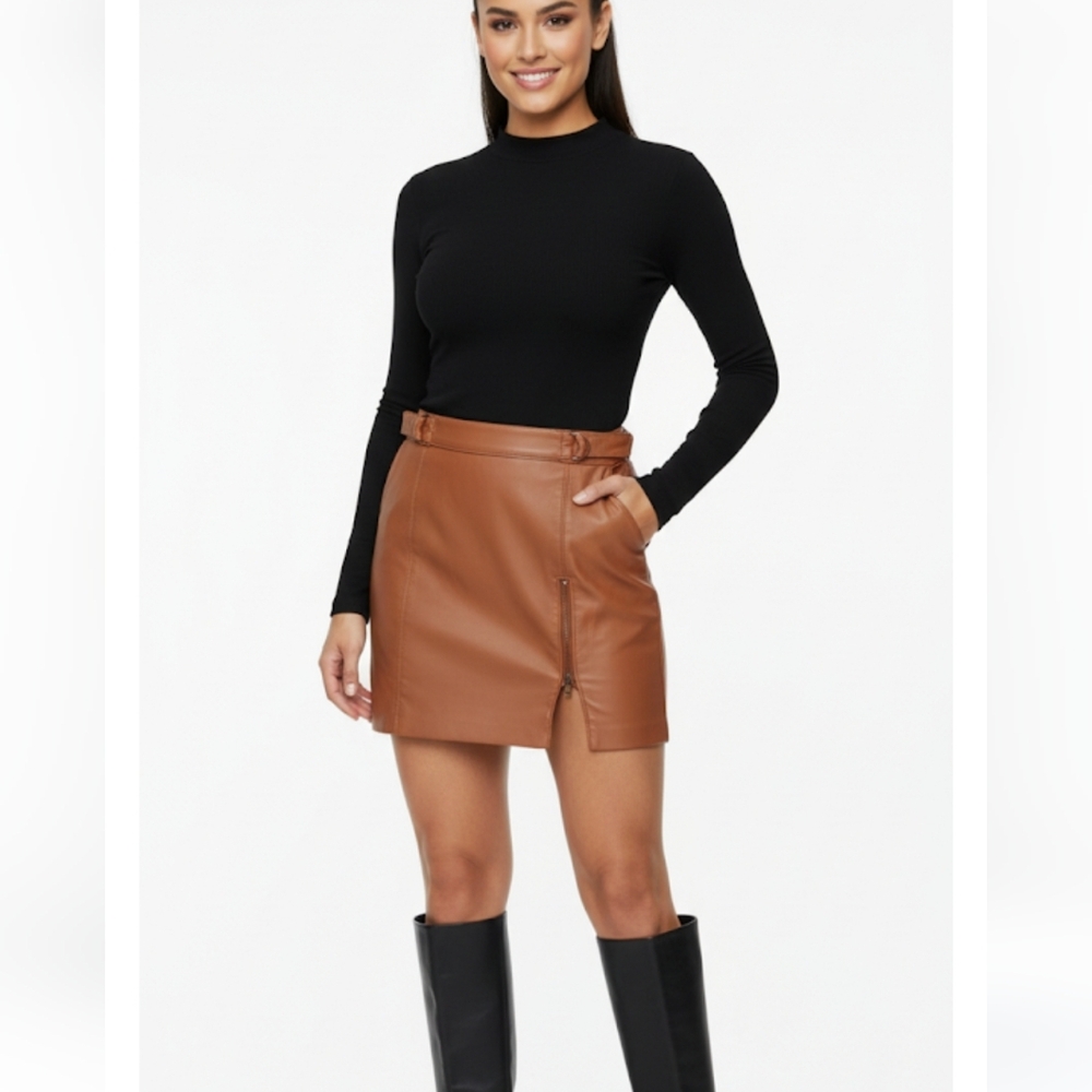 Free People Tan Brown Mini Skirt with Zipper Detail